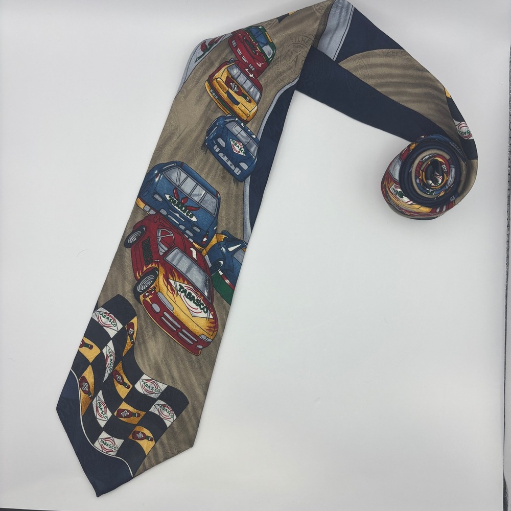 Tabasco Racing Cars Novelty Necktie Silk Checkered Flags Fun Mens Tie